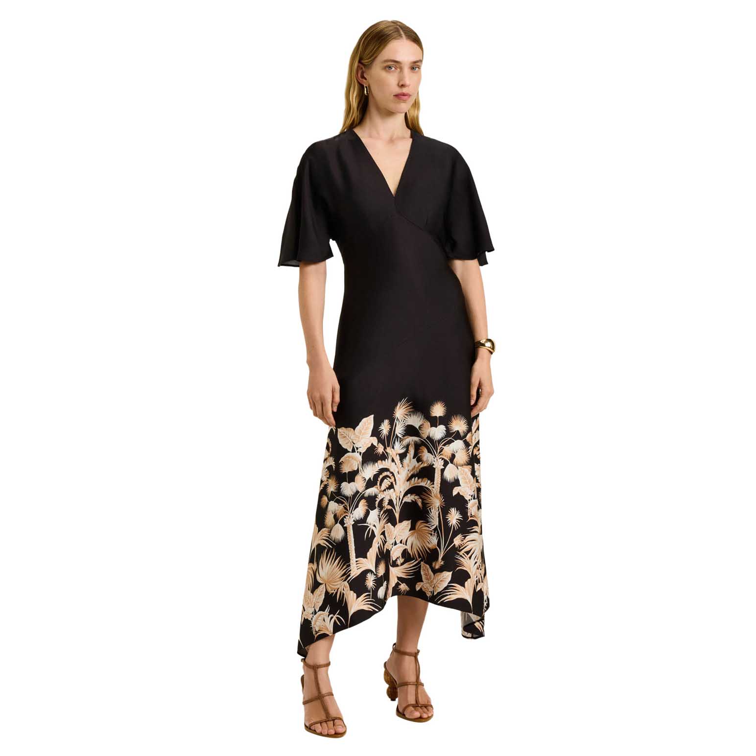 Veronika Maine Tropical Border Satin Midi Dress